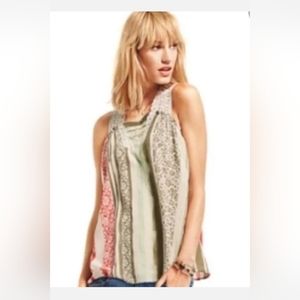 CAbi #266 Sleeveless Crochet Lined Gauzy Boho Striped Floral Top Medium EUC